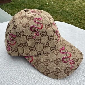 GUCCI GG Supreme Snake Embroidered Baseball Cap/ Hat M 57cm Pink Tan Brown